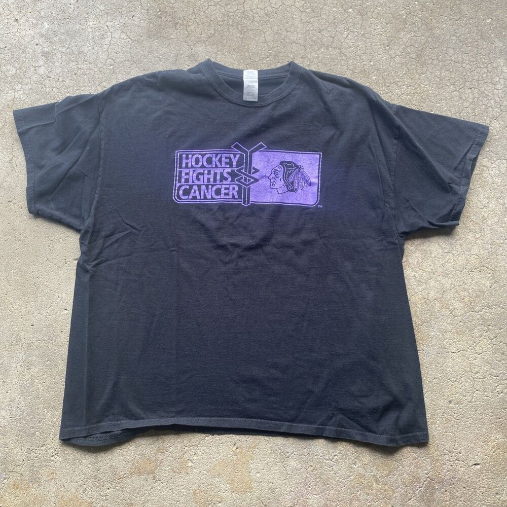 Chicago Blackhawks Hockey Fights Cancer T-Shirt 2XL Black Purple NHL Promo Tee